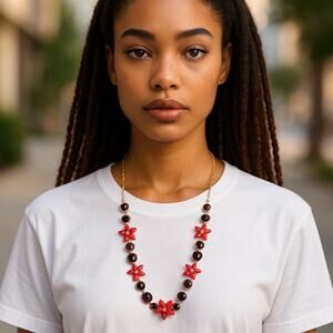 Talbots Statement Necklace Gold Tone Chain Red & Burgundy Floral Beaded Charms